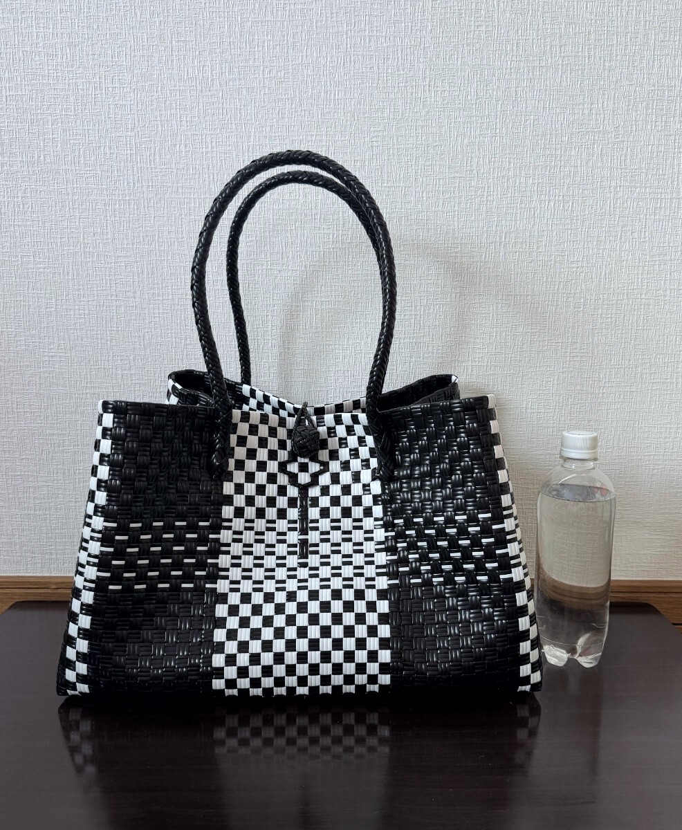 プラカゴ　メルカド　大容量　トートバッグ　ハンドメイド　パサールバッグ かごバッグ　XLサイズ ブラック×ホワイト