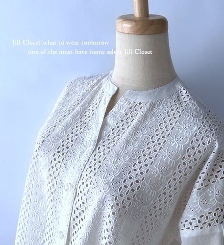 新品【送料185円】爽やかな透かし模様 アイレット刺繍レース*バックロングデザイン*前開きボタンブラウス*チュニック5840.WHITE