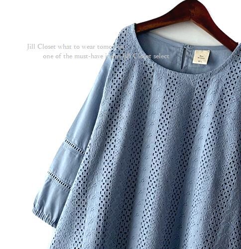 新品【送料185円】爽やかな透かし模様 アイレット刺繍レース*七分袖*ナチュラル素材*プルオーバー*チュニック5857.BLUE