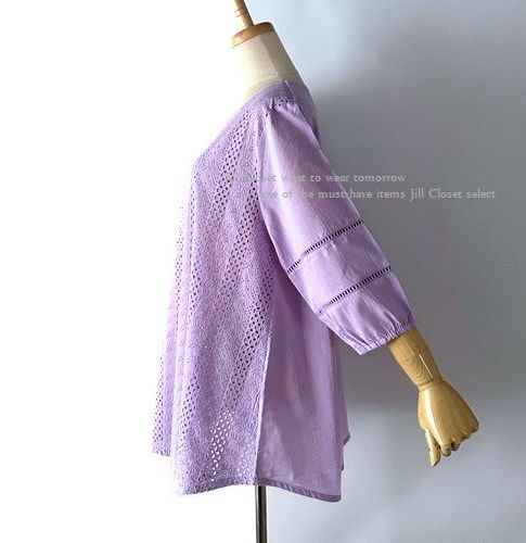 新品【送料185円】爽やかな透かし模様 アイレット刺繍レース*七分袖*ナチュラル素材*プルオーバー*チュニック5857.purple