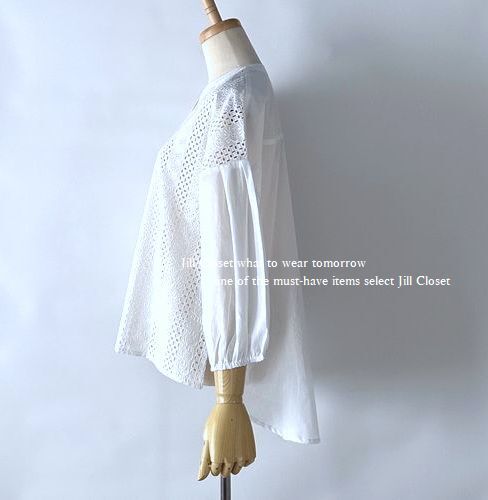 新品【送料185円】爽やかな透かし模様 アイレット刺繍レース*バックロングデザイン*前開きボタンブラウス*チュニック5840.WHITE