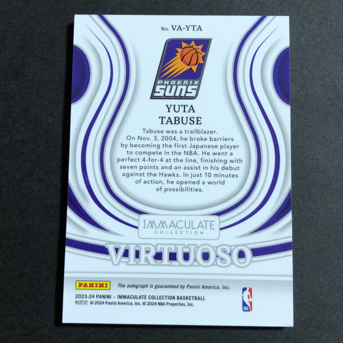 田臥勇太 Tabuse Yuta Panini Immaculate 2023-2024 /25枚限定 Autograph Auto サイン 直筆 サンズ Suns