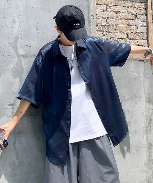 送料込★neos -addictive design-★ルーズシルエットシャイニーサテンシャツ★サイズL★ユニセックス★ブルー★オーバーサイズ★ラメ加工