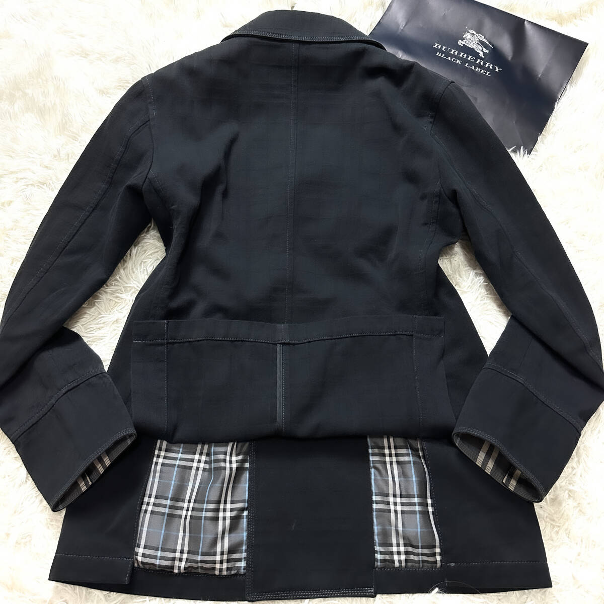 定価13萬未使用級BURBERRY BLACKLABELナポレオンジャケット銀メタルボタンL~Mノバチェック柄 黒マリンPコートバーバリーブラックレーベル