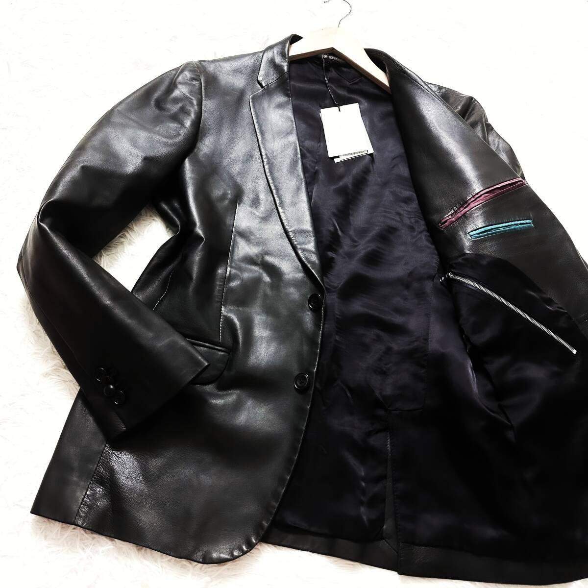 ポールスミス XL ラムレザー ダブルテーラードジャケット ブラック 未使用級キムタク着XXL~XL!Paul Smithラムレザーテーラード