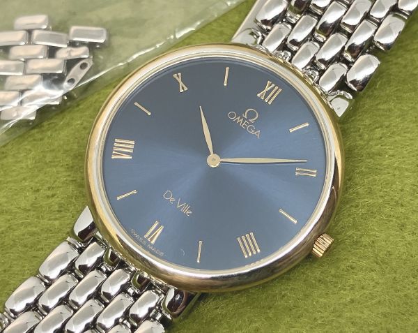 * Vintage OMEGA Omega DE VILLE De Ville QZ работа прекрасный товар голубой dial 18K оправа Ref.196.2432 Cal.1532