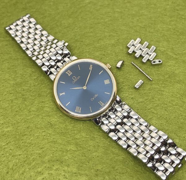 * Vintage OMEGA Omega DE VILLE De Ville QZ работа прекрасный товар голубой dial 18K оправа Ref.196.2432 Cal.1532