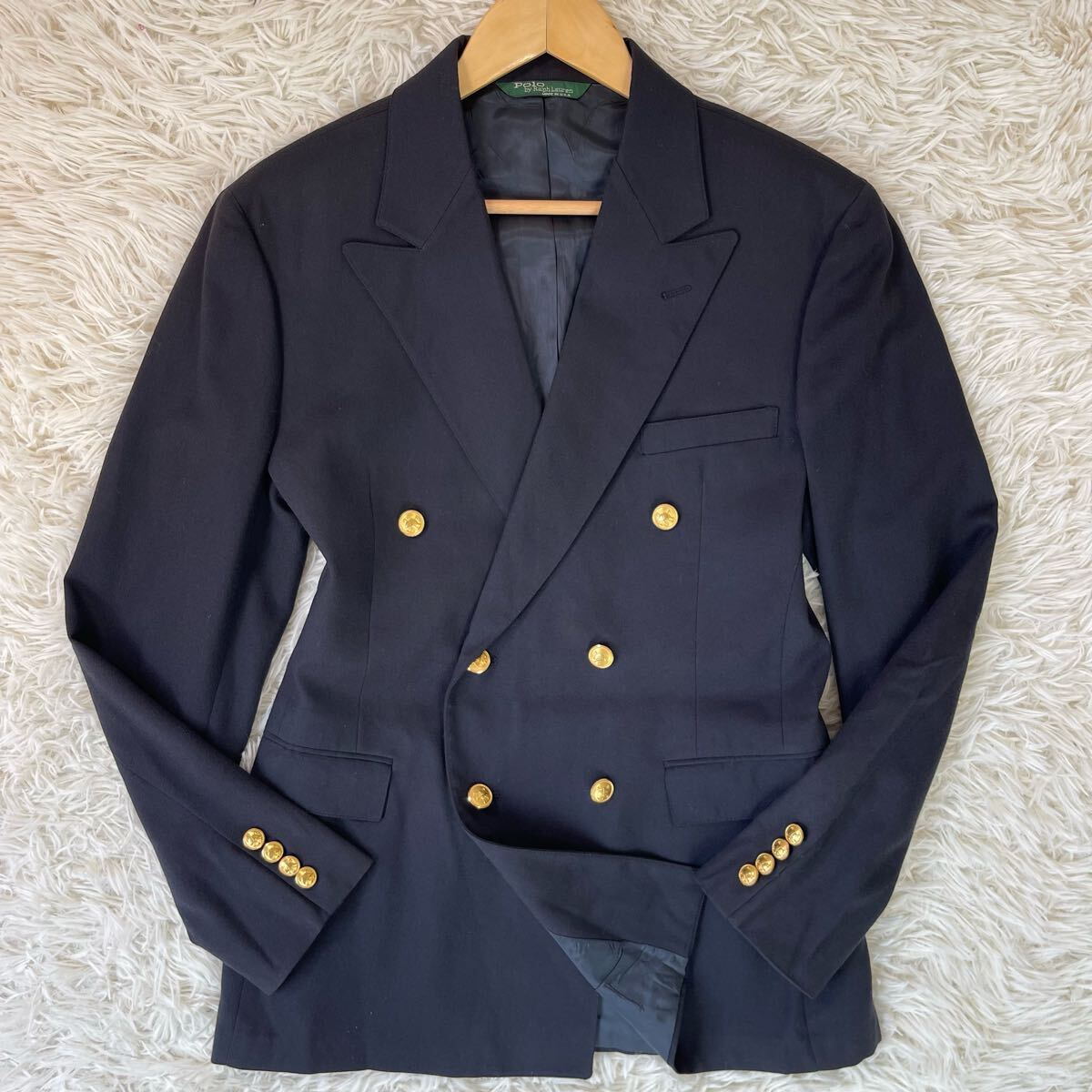 極美品!! L相當(dāng)●ラルフローレン【輝く金ボタン】RALPH LAUREN ダブル テーラードジャケット ブレザー 紺ブレ 刻印 6釦 ネイビー ビジネス