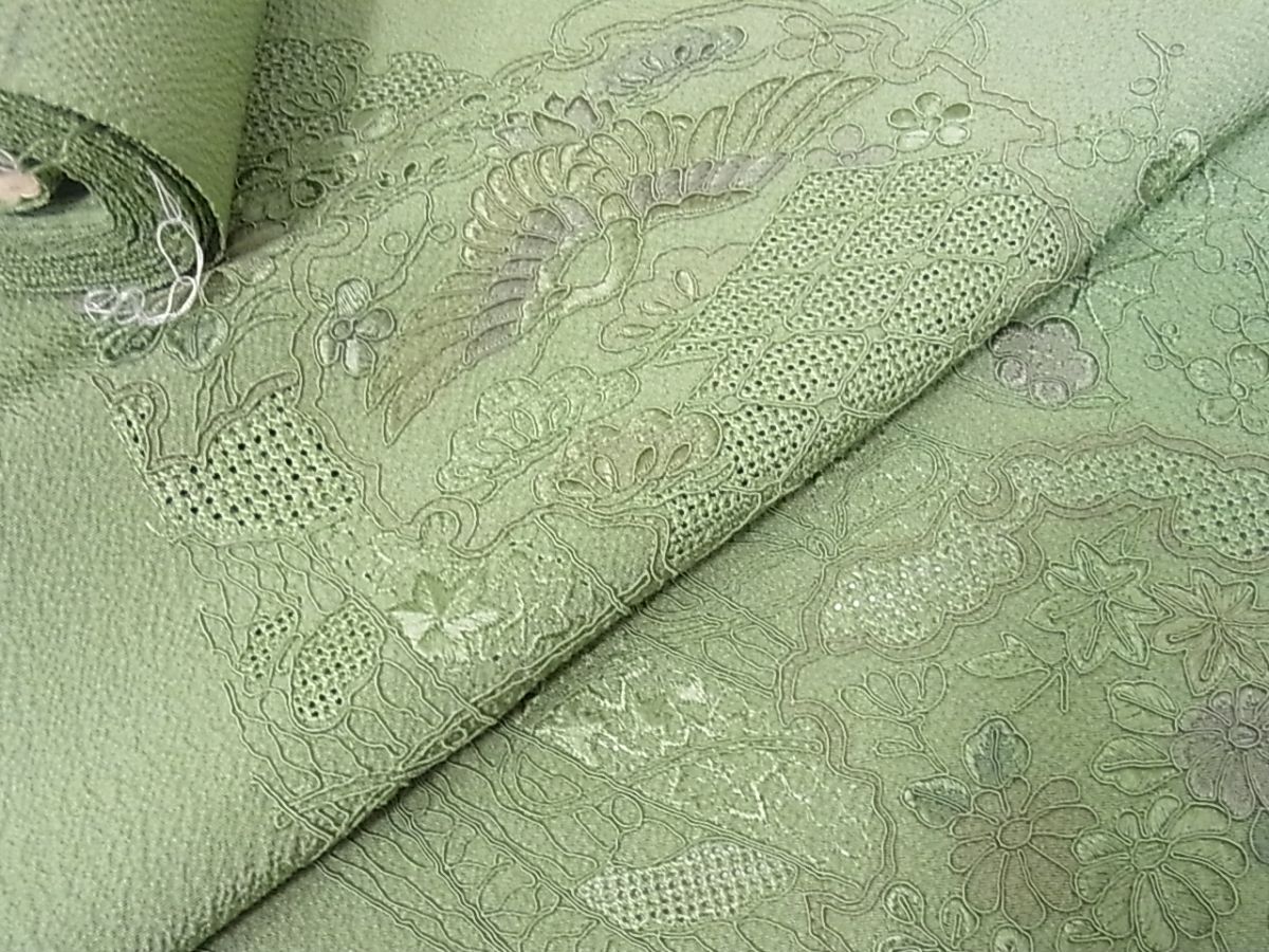 eふれんず◆中國(guó)三大刺繍　汕頭刺繍　総刺繍　訪問(wèn)著　反物　解き反物　著尺　幾帳花鳥(niǎo)文　正絹　美品　未仕立て◆bm1255