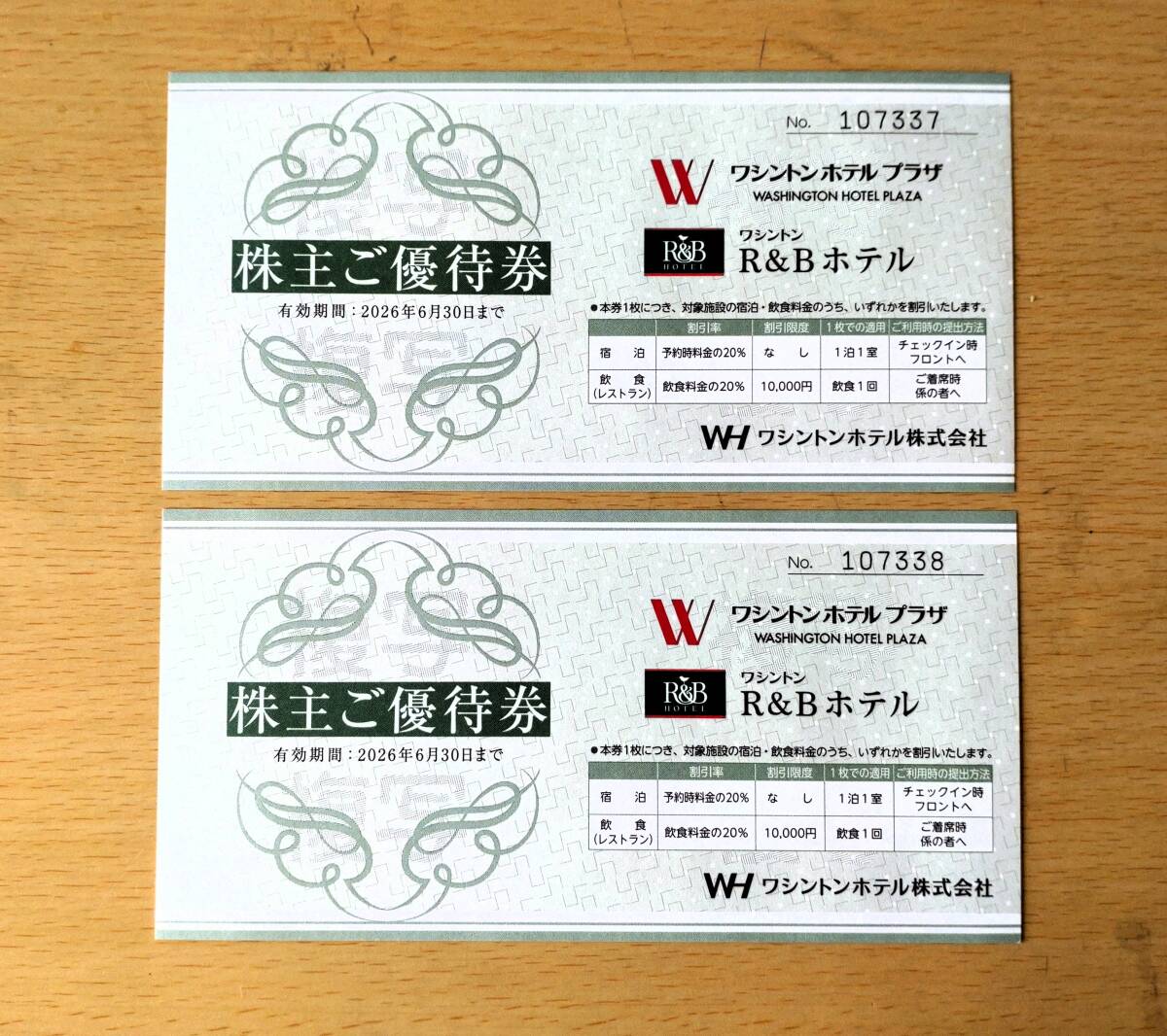 株主優(yōu)待券ワシントンホテル２枚①　宿泊、飲食２０％OFF