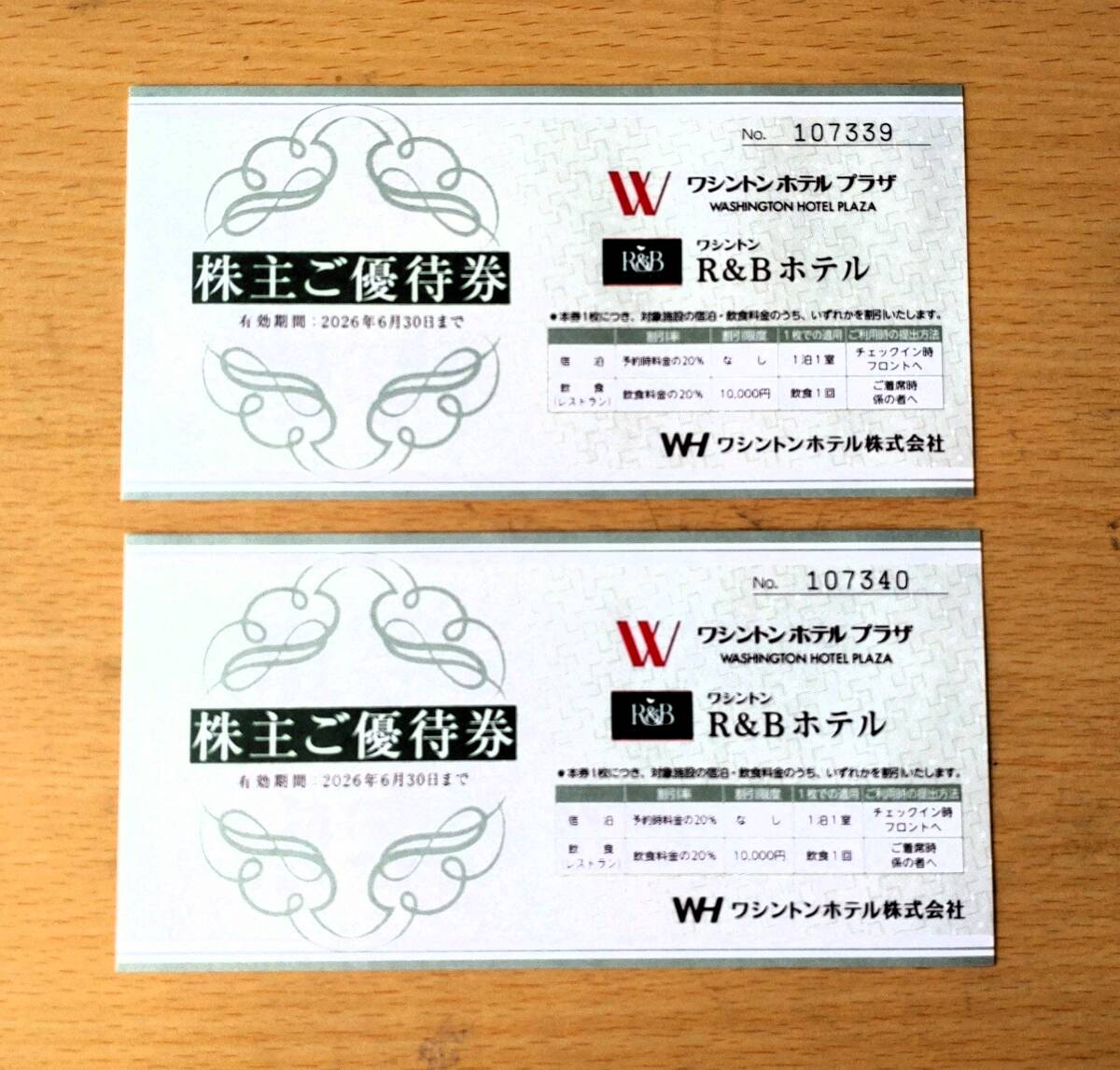 株主優(yōu)待券ワシントンホテル２枚②　宿泊、飲食２０％OFF