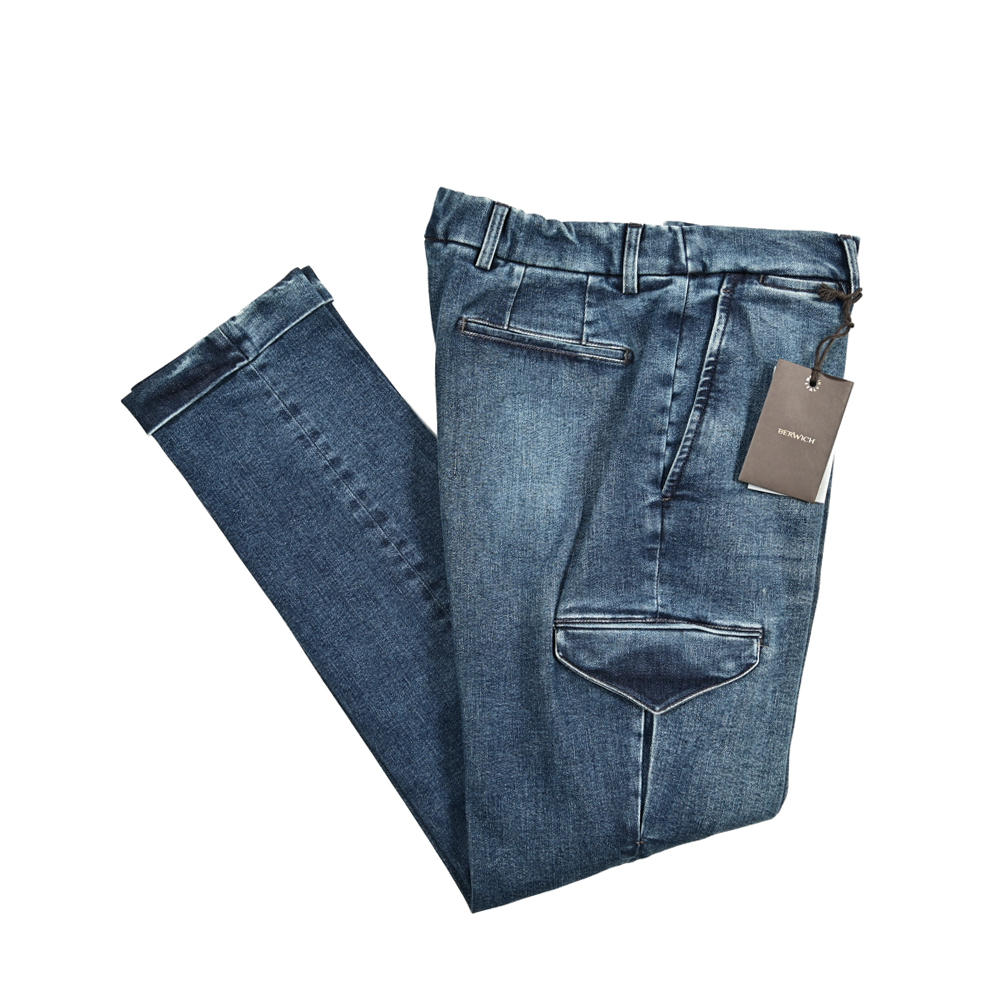 新入荷 新品 ベルウィッチ BERWICH YRETROCARGO レトロ デニムカーゴパンツ ストレッチ パンツ オールシーズン ブルー 421869-48