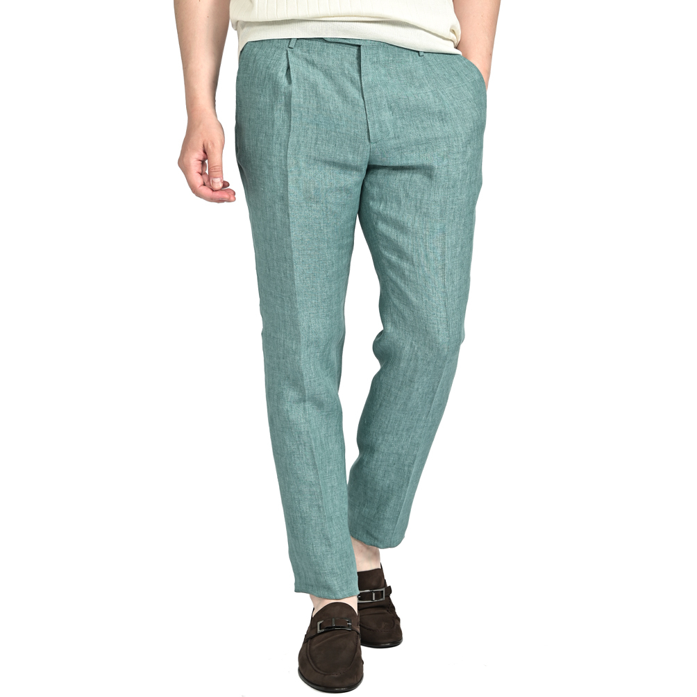 新入荷 新品 ベルウィッチ BERWICH MORELLO モレロ リネンスラックス ワンタック パンツ 春夏 メンズ リネン 100% グリーン 421848-52