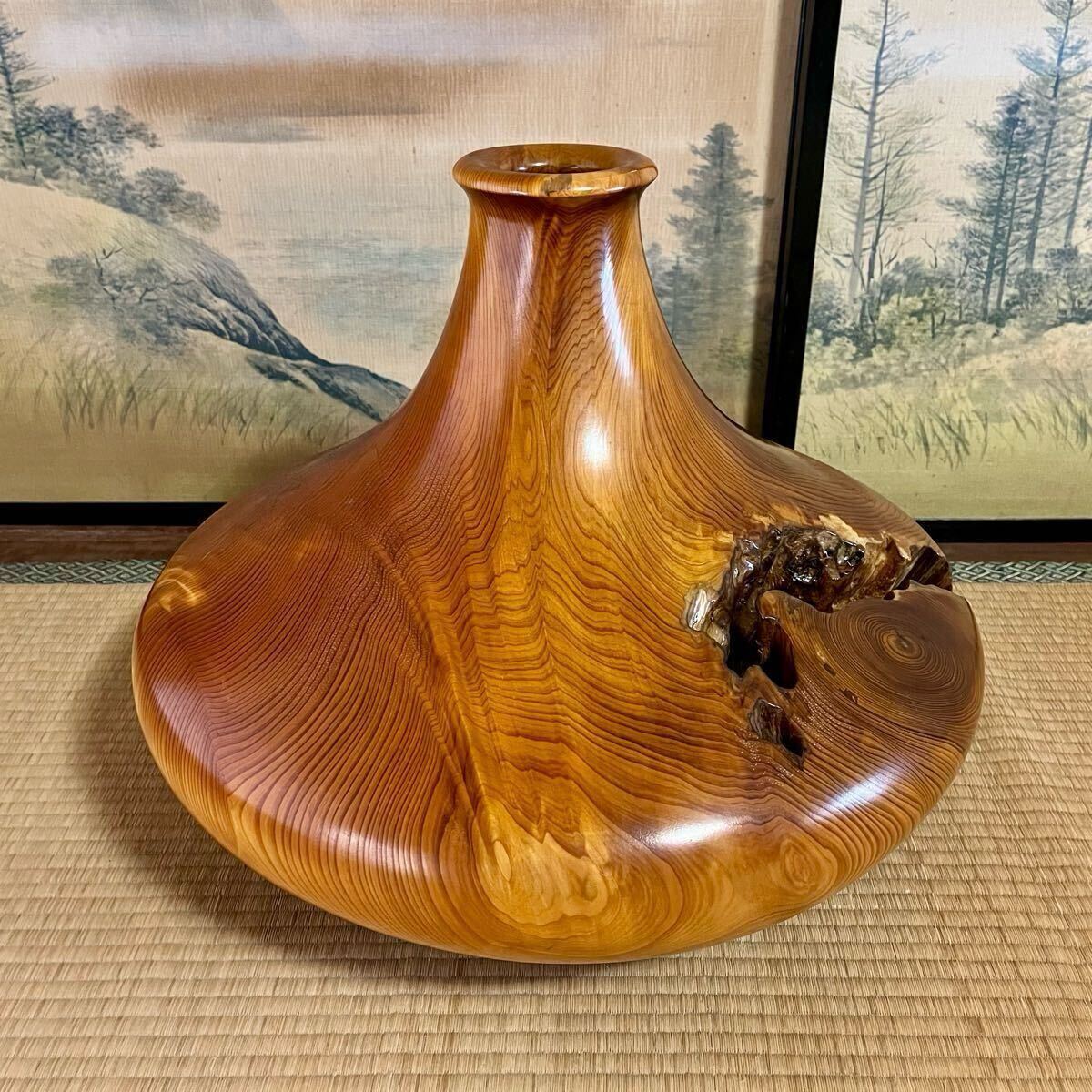 屋久杉加工協同組合 岳南英世作 花器 壺 飾り壺 屋久杉 屋久杉 壺 花瓶 花器 木製 工芸品 花入 インテリア アンティーク
