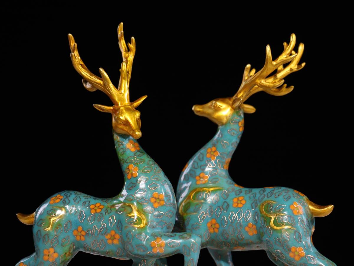 蔵友館蔵品・銅製・塗金・景泰藍・琺瑯彩・福祿雙全一對・