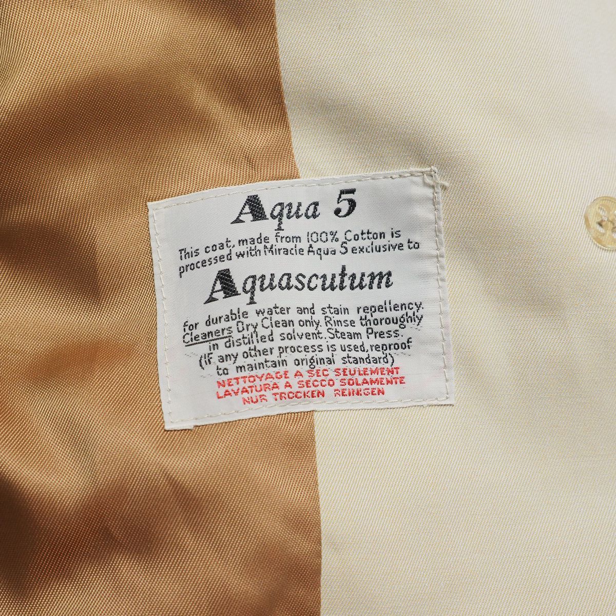 GR6914☆アクアスキュータム Aquascutum Aqua5 ステンカラーコート Aラインコート コットン 丸ボタン ライトベージュ系 サイズ4