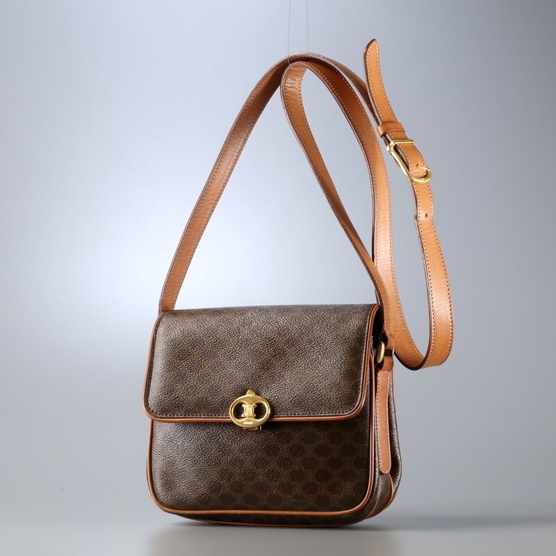 TJ0196*イタリア制 CELINE オールドセリーヌ マカダム柄 ショルダーバッグ ポシェット vintage 鞄 ブラウン