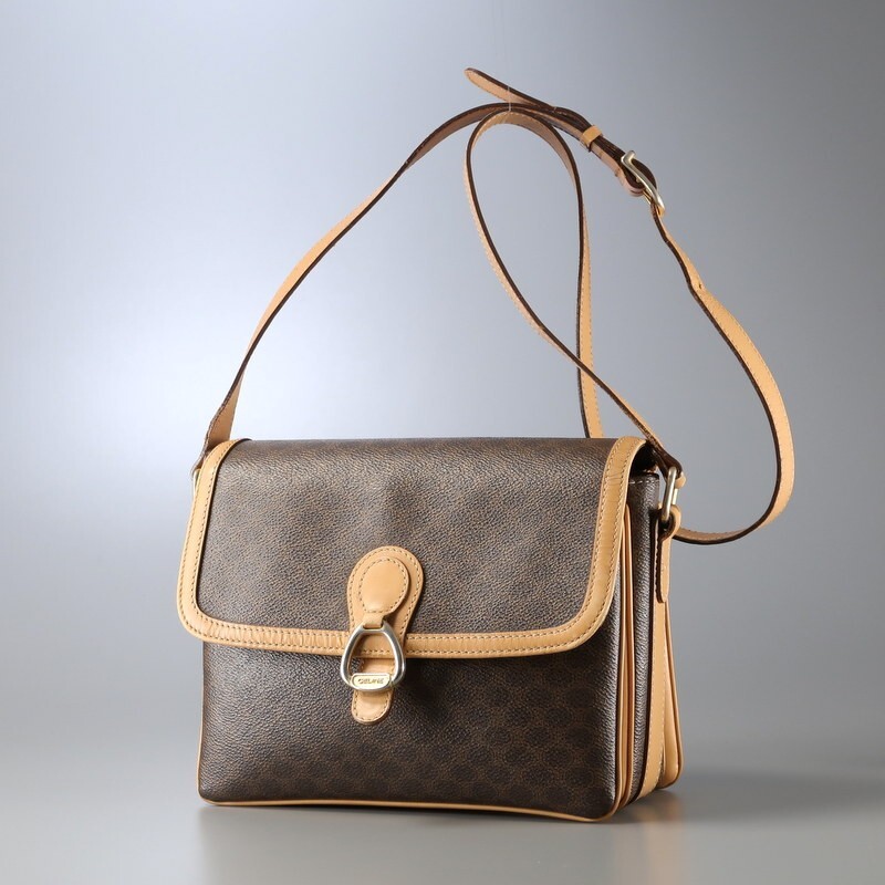 TJ0215*イタリア制 CELINE オールドセリーヌ マカダム柄 ショルダーバッグ クロスボディバッグ vintage 鞄 ブラウン