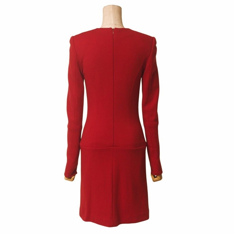 GR6376●VINTAGE GIVENCHY VISON Wool Dress Red, Made in France, Long Sleeve Size 38 ジバンシー 長袖 ワンピース ドレス 膝丈