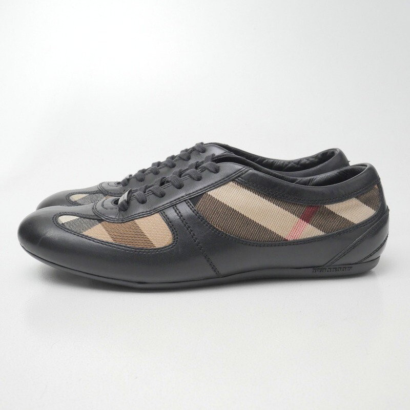 GR7093*イタリア制 BURBERRY バーバリー 38(24cm相當(dāng)) チェック柄 レザースニーカー ローカットスニーカー 靴 ブラック×ベージュ絙?