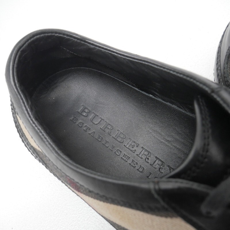 GR7093*イタリア制 BURBERRY バーバリー 38(24cm相當(dāng)) チェック柄 レザースニーカー ローカットスニーカー 靴 ブラック×ベージュ絙?
