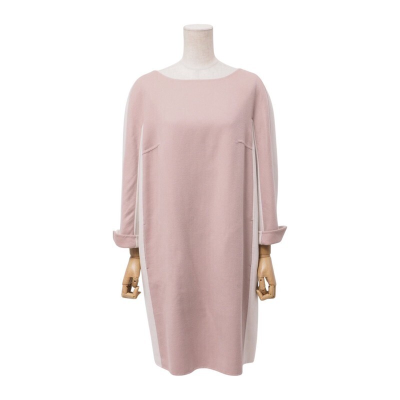 SMH6529＝イタリア制*ロロピアーナ/Loro Piana*カシミヤ*バイカラー*長(zhǎng)袖ワンピース*サイズ42*ピンク×オフホワイト絙?