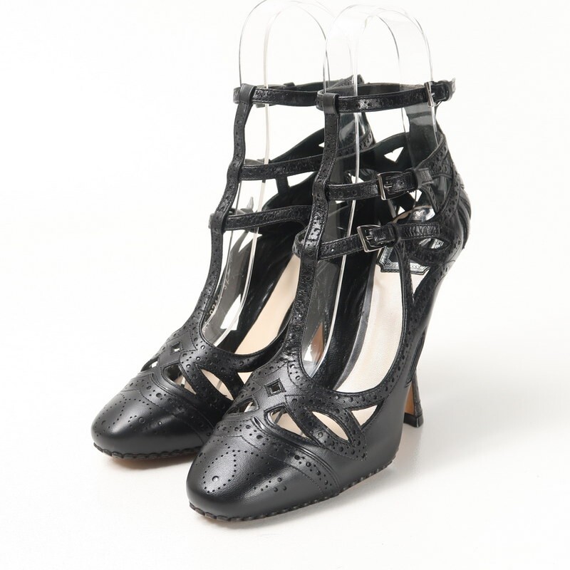 GR7498△イタリア制 Christian Dior クリスチャンディオール レザー パンチング カットワーク Tストラップ パンプス 靴 ブラック*サイズ37