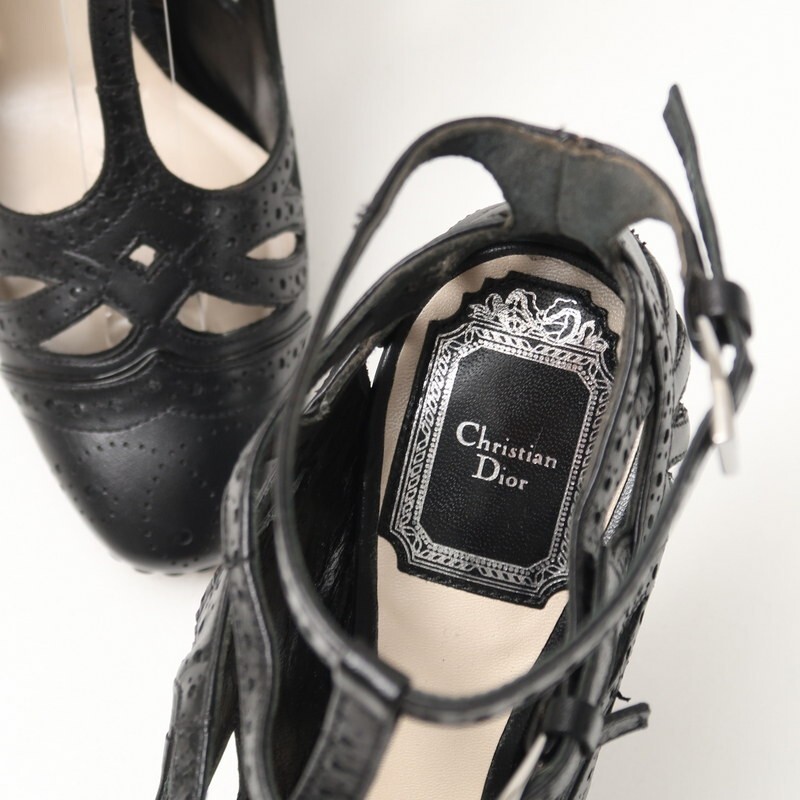 GR7498△イタリア制 Christian Dior クリスチャンディオール レザー パンチング カットワーク Tストラップ パンプス 靴 ブラック*サイズ37
