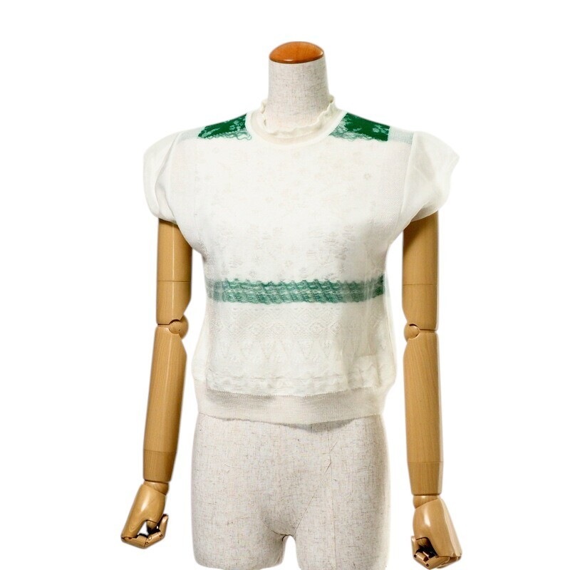GM3365▼マメクロゴウチ Mame Kurogouchi《2020SS》Cocoon Layered Knit Tops 半袖 ニット セーター サイズ1 ホワイト×グリーン