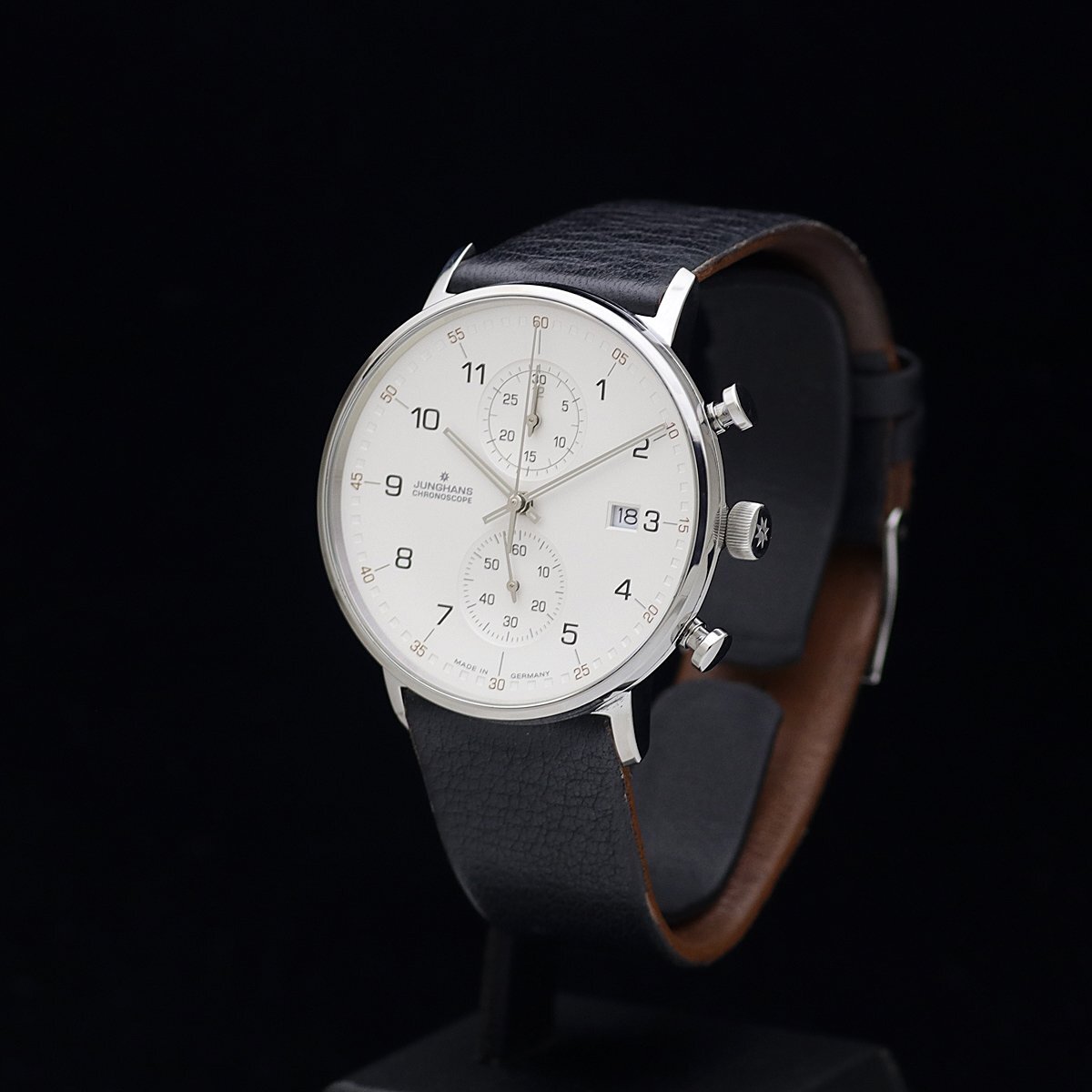 美品 JUNGHANS ユンハンス フォームC クロノグラフ 041/4771.00 SS メンズ クォーツ 白文字盤 箱保取タグ 定価10.7萬
