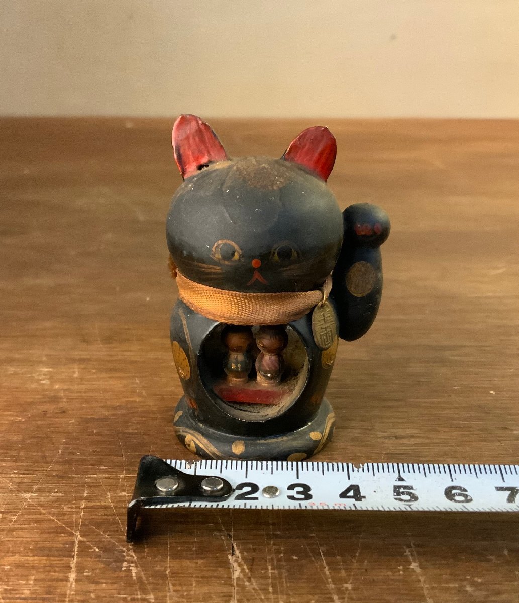WW-0776 ■送料込■ 招き貓 黒貓 こけし 木制 彫刻 靜岡県 法多山尊永寺 仏教 置物 インテリア レトロ アンティーク 44g /くJYら