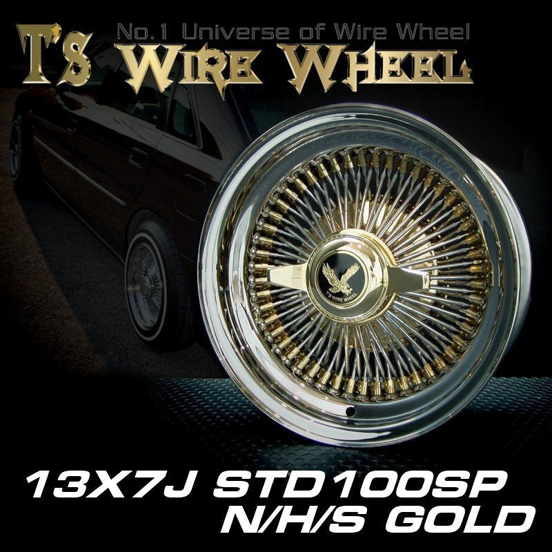 ▼ ティスファクトリー T's WIRE ワイヤーホイール 13×7J STD スタンダード トリプル ゴールド 100SP ホイール 4本 + 付屬品 セット