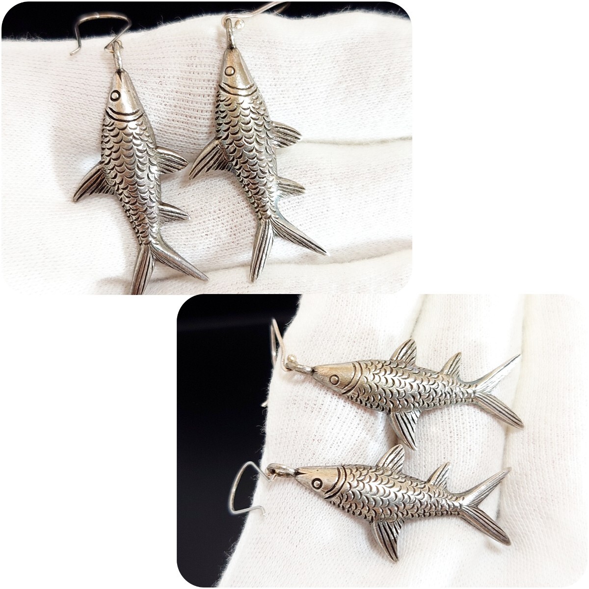 6307 SILVER925★訳あり★カレン族 お魚ピアス カレンシルバー925 フィッシュ fish サカナ さかな ハンドメイド 手彫り ヴィンテージ レア