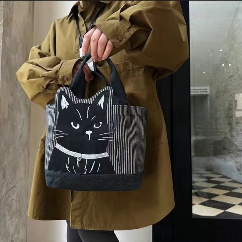 トートバッグ 貓柄 ハンドバッグ 黒貓 ネコバッグ#202515