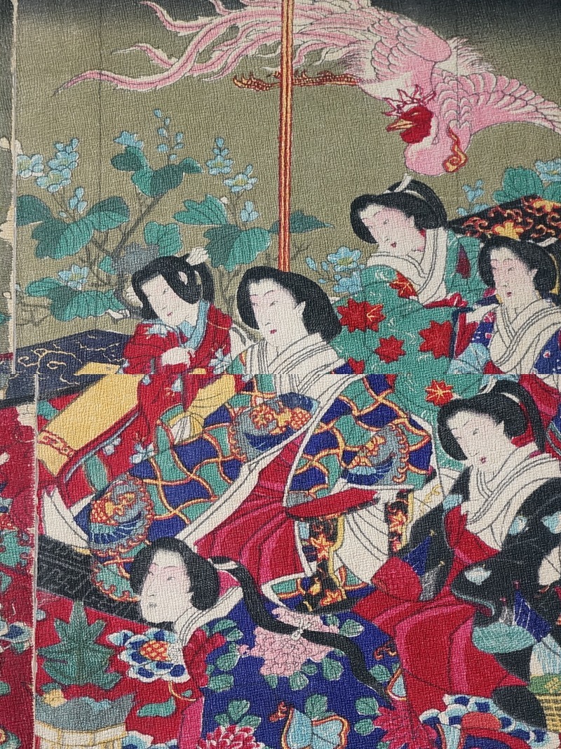 東ハ:【ちりめん浮世絵】真作 浮世絵師 楊洲周延「 御所桜千代之壽 」 三枚続 縮緬絵 錦絵 時(shí)代物 ★送料無(wú)料★ 