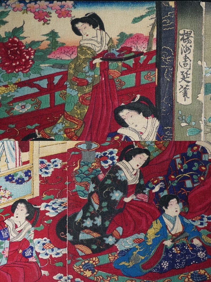 東ハ:【ちりめん浮世絵】真作 浮世絵師 楊洲周延「 御所桜千代之壽 」 三枚続 縮緬絵 錦絵 時(shí)代物 ★送料無(wú)料★ 