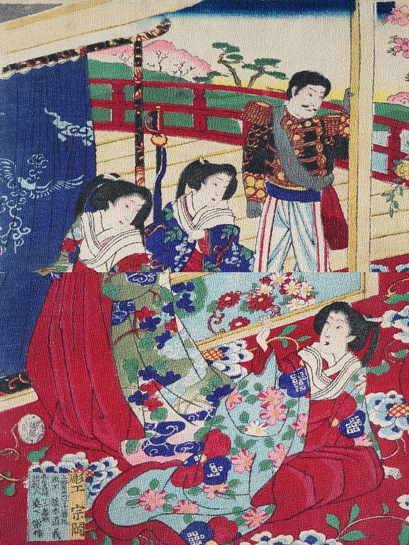 東ハ:【ちりめん浮世絵】真作 浮世絵師 楊洲周延「 御所桜千代之壽 」 三枚続 縮緬絵 錦絵 時(shí)代物 ★送料無(wú)料★ 