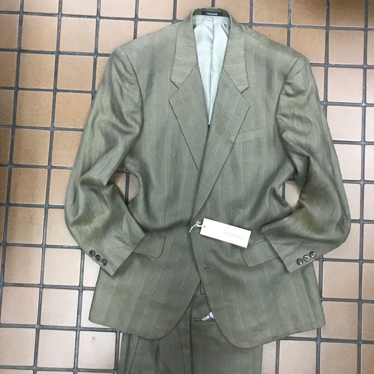 新品★激安タグ付き68,000円VENDOME高級ビンテージ2つボタンスーツセットアップサイズLブラウンオレンジ系玉虫カラー/ピンストライプ麻100_画像1