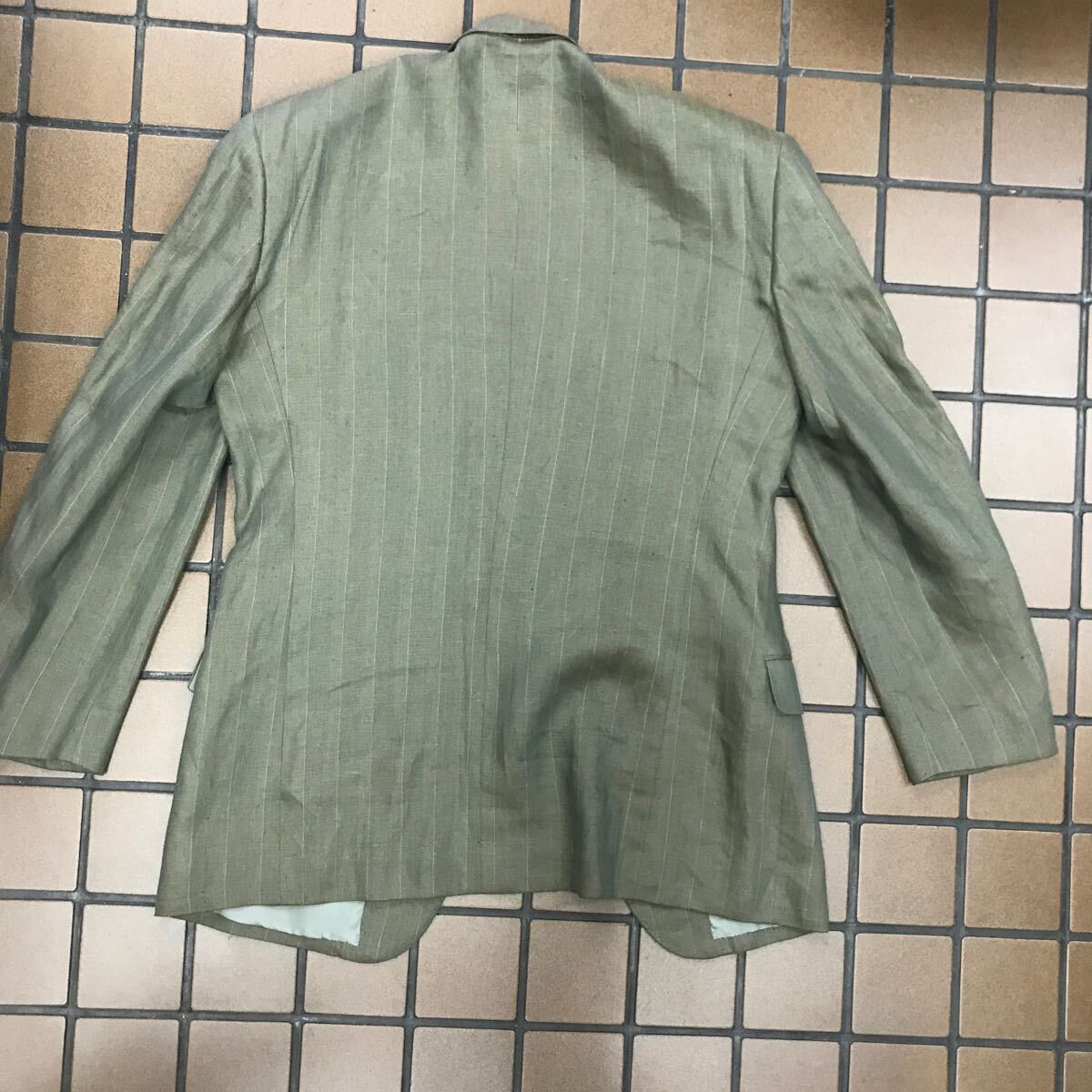 新品★激安タグ付き68,000円VENDOME高級ビンテージ2つボタンスーツセットアップサイズLブラウンオレンジ系玉虫カラー/ピンストライプ麻100_画像7