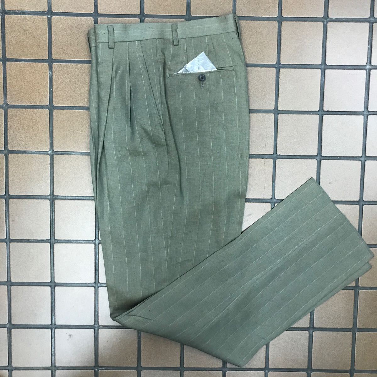 新品★激安タグ付き68,000円VENDOME高級ビンテージ2つボタンスーツセットアップサイズLブラウンオレンジ系玉虫カラー/ピンストライプ麻100_画像9