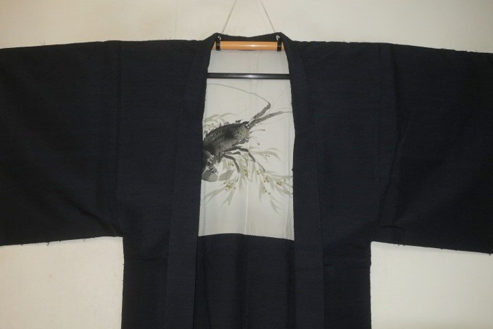 壱土2538 本絹古代結(jié)城紬男著物羽織 裄71丈143К濃紺粗細(xì) 現(xiàn)代サイズ 極美品