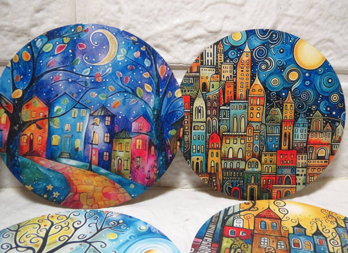 新品?未使用?ヨーロッパの街并み?絵畫(huà)風(fēng)?木制?コースター?6枚セット?夏の冷たいコップに必須です