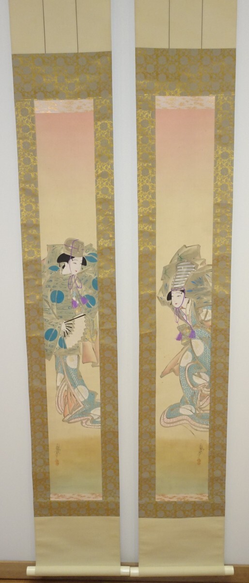 rarebookkyoto k136絵資料 艶○/ 浮世絵 双幅セット 絹本設色 箱付き 1920年頃作 魯山人 橋本雅邦 上野美大 画家 古積 花鳥・鳥獣