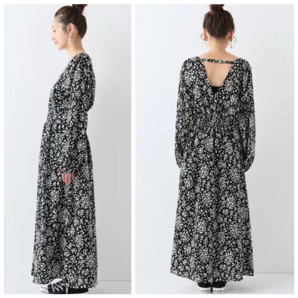 美品 SLOBE IENA フラワー ギャザー Vネック ロングワンピース 定価14300円