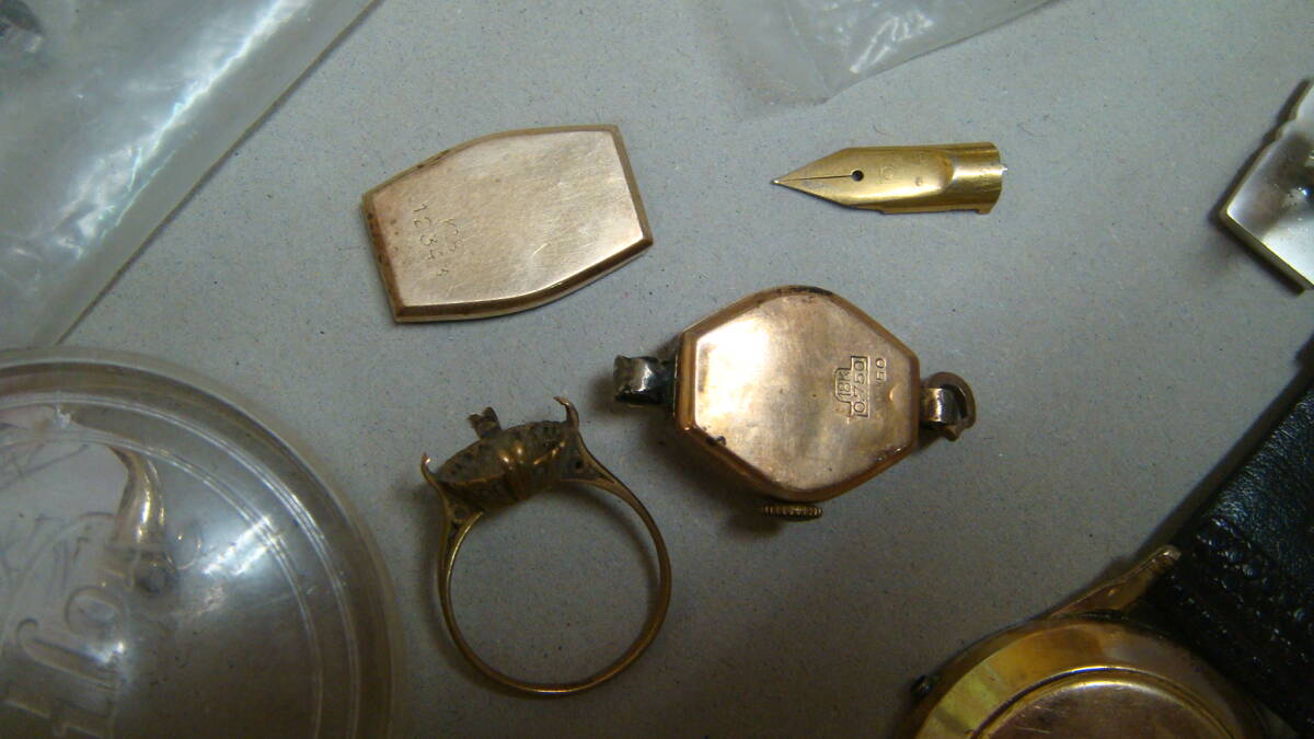 C144 K18ガワ時計刻印あり?Kペン先?指輪K18?GF?GP?メガネワク?銀925?ツブシ大量　時計店主の集めた金分析用ジャンク　1,000円から