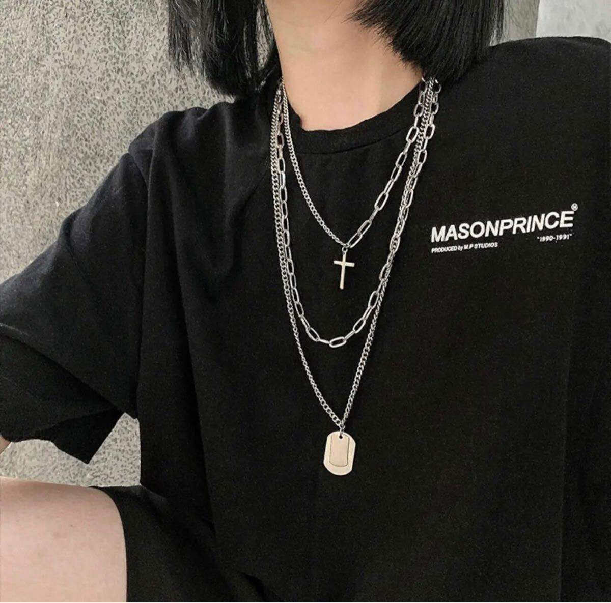 3連ネックレス クロス プレート チェーン ユニセックス