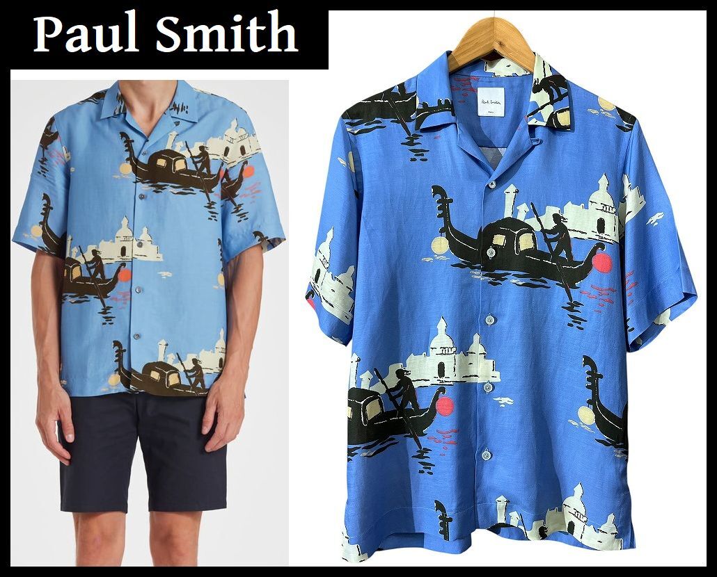 送無 定価35,200円 Paul Smith ポールスミス 23ss 233353 905U Gondola ゴンドラ 水の都 メランコリー 総柄 半袖 オープンカラー シャツ 青