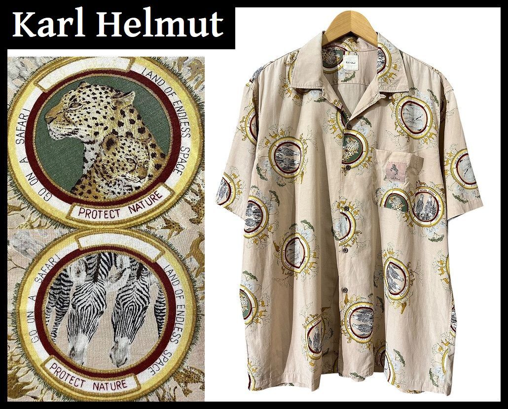 ■ 希少柄 Karl Helmut カールヘルム 動物 アニマル 総柄 チーター シマウマ ゾウ エンブレム 半袖 ハワイアン アロハ サファリ シャツ M