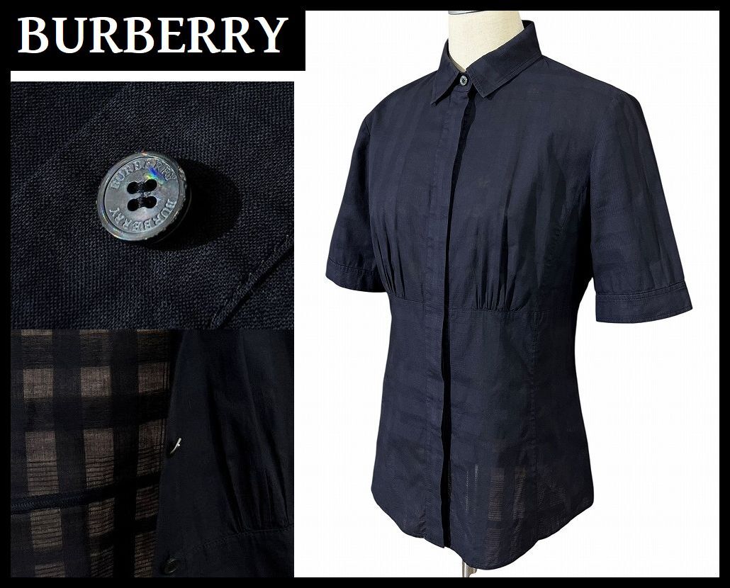 ■ BURBERRY LONDON バーバリー ロンドン 三陽商會 B1M27-332-28 透け感あり シャドーチェック メガチェック 半袖 ブラウス シャツ 黒 40