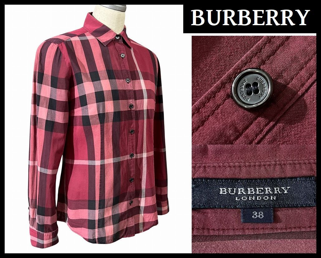 ■ BURBERRY LONDON バーバリー ロンドン 日本制 三陽商會 B1M10-441-17 総柄 メガチェック 長袖 シャツ ブラウス 赤朱 38